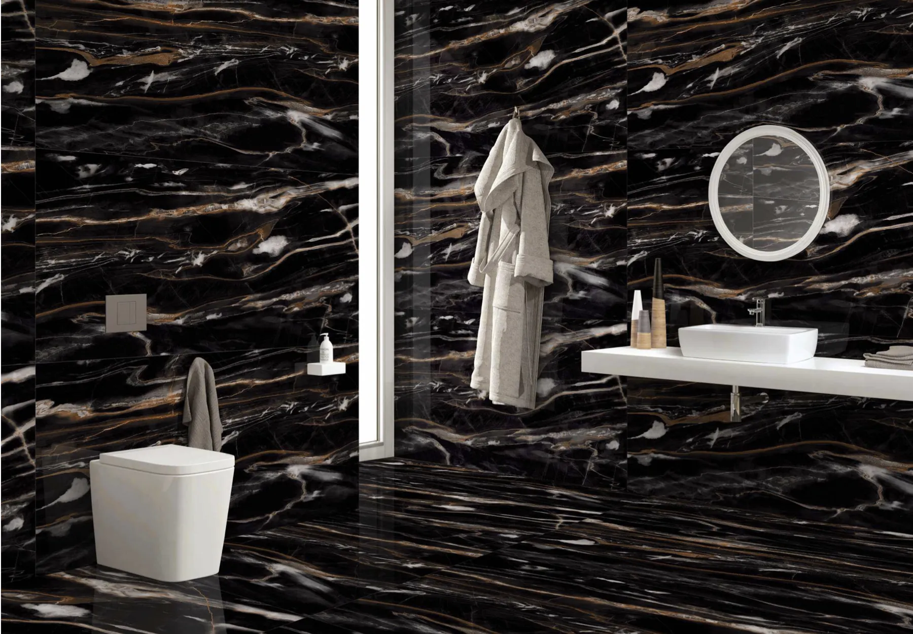 Salle de bain en carrelage effet marbre noir